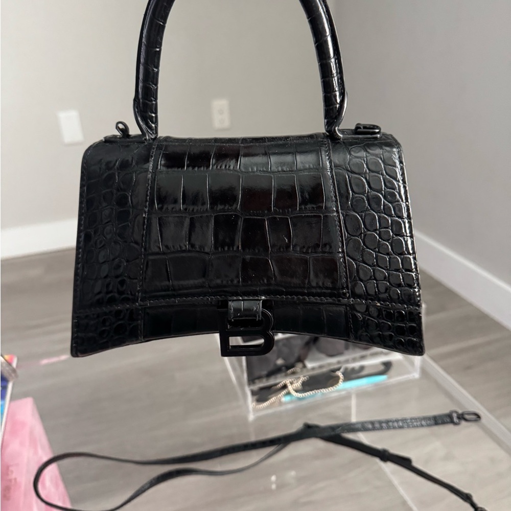 Balenciaga Black Croc-Embossed hour glass bag
